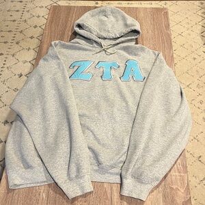 Zeta Tau Alpha Gray Hoodie with Turquoise Blue Stitched Letters, Size XL
